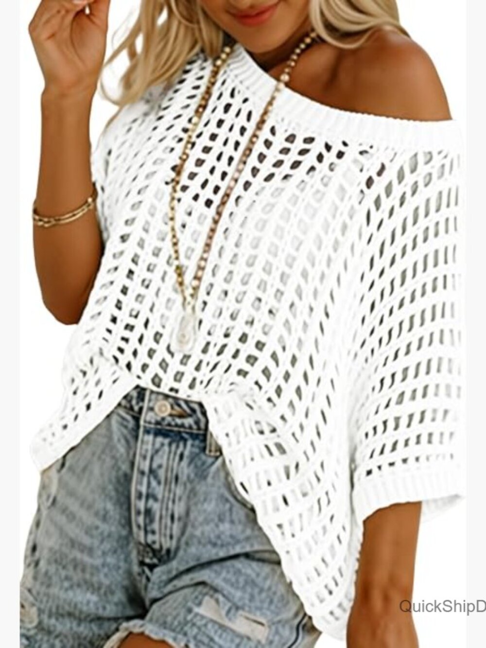 Crochet Hollow Out Sweater Short Sleeve Scoop Neck Cover Up Pullover